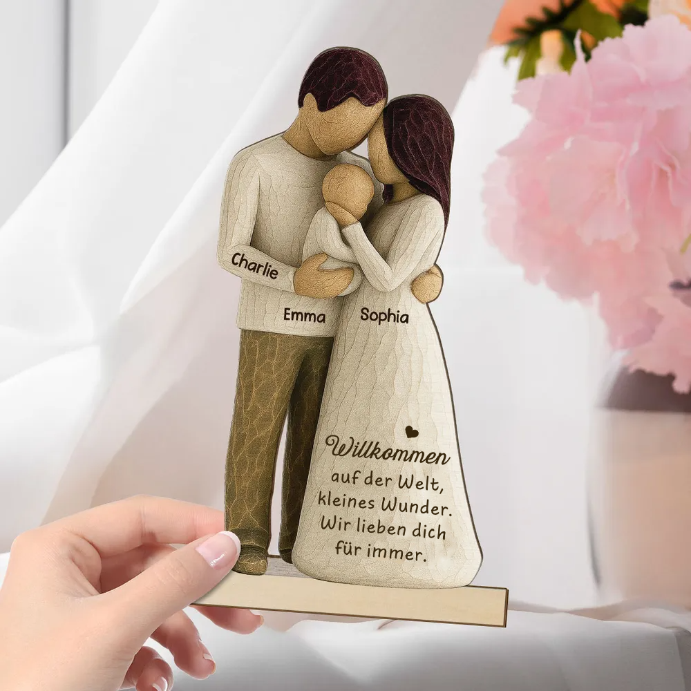 Eltern mit Baby - Personalisierter Holzaufsteller mit Gravur Geschenk für frischgebackene Papa und Mama