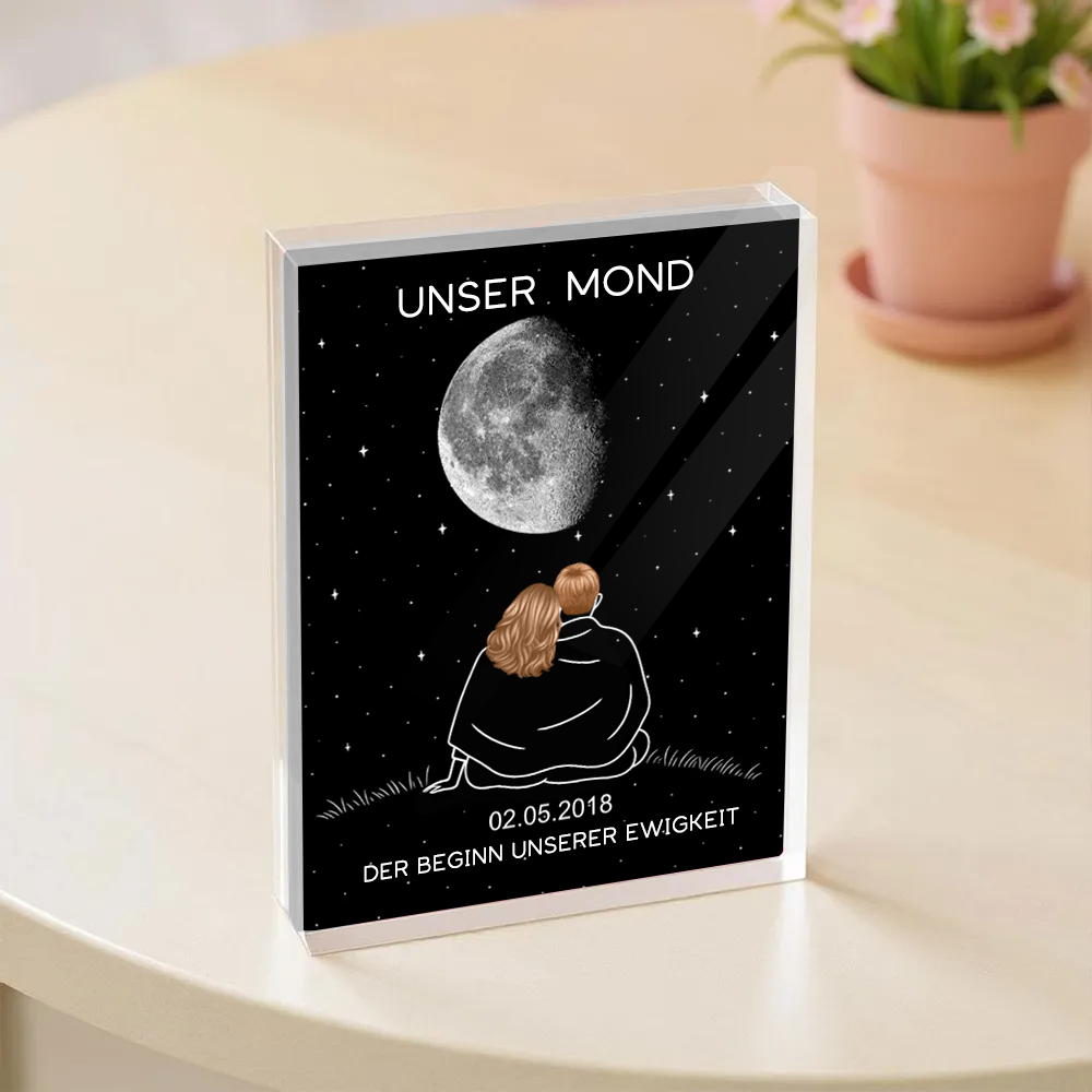 Paar unter dem Mond-Personaliserter Acrylbock mit Mondphase und Namen, Geschenk für Paar