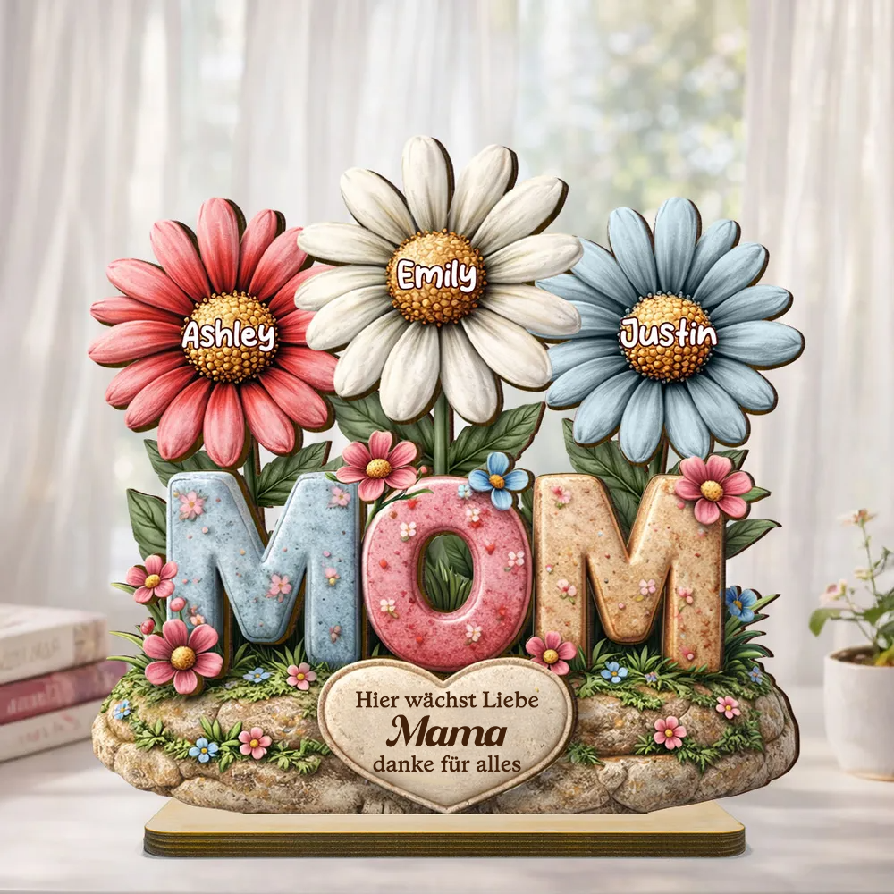 MOM-Personalisierter Holzaufsteller mit Blumen Geschenk für Mama und Oma