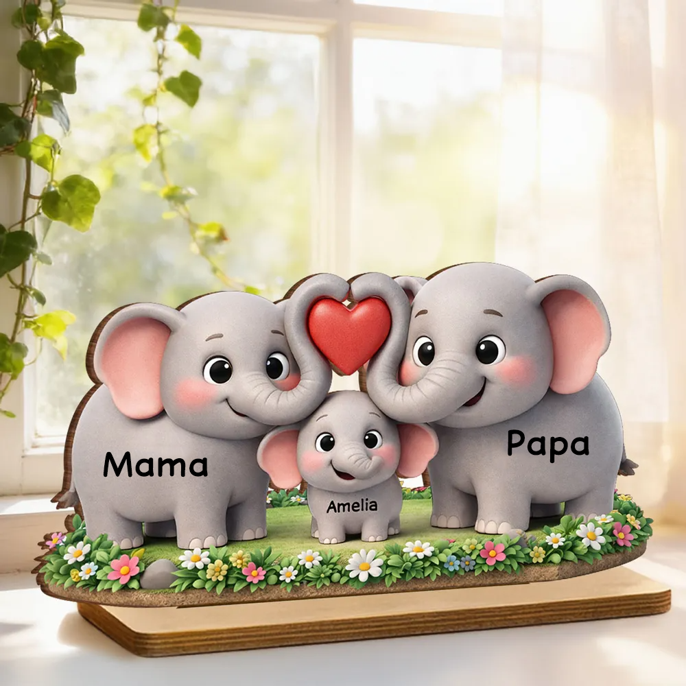 Elefantenfamilie-Personalisierter Holzaufsteller mit Namen Geschenk für Mama und Papa