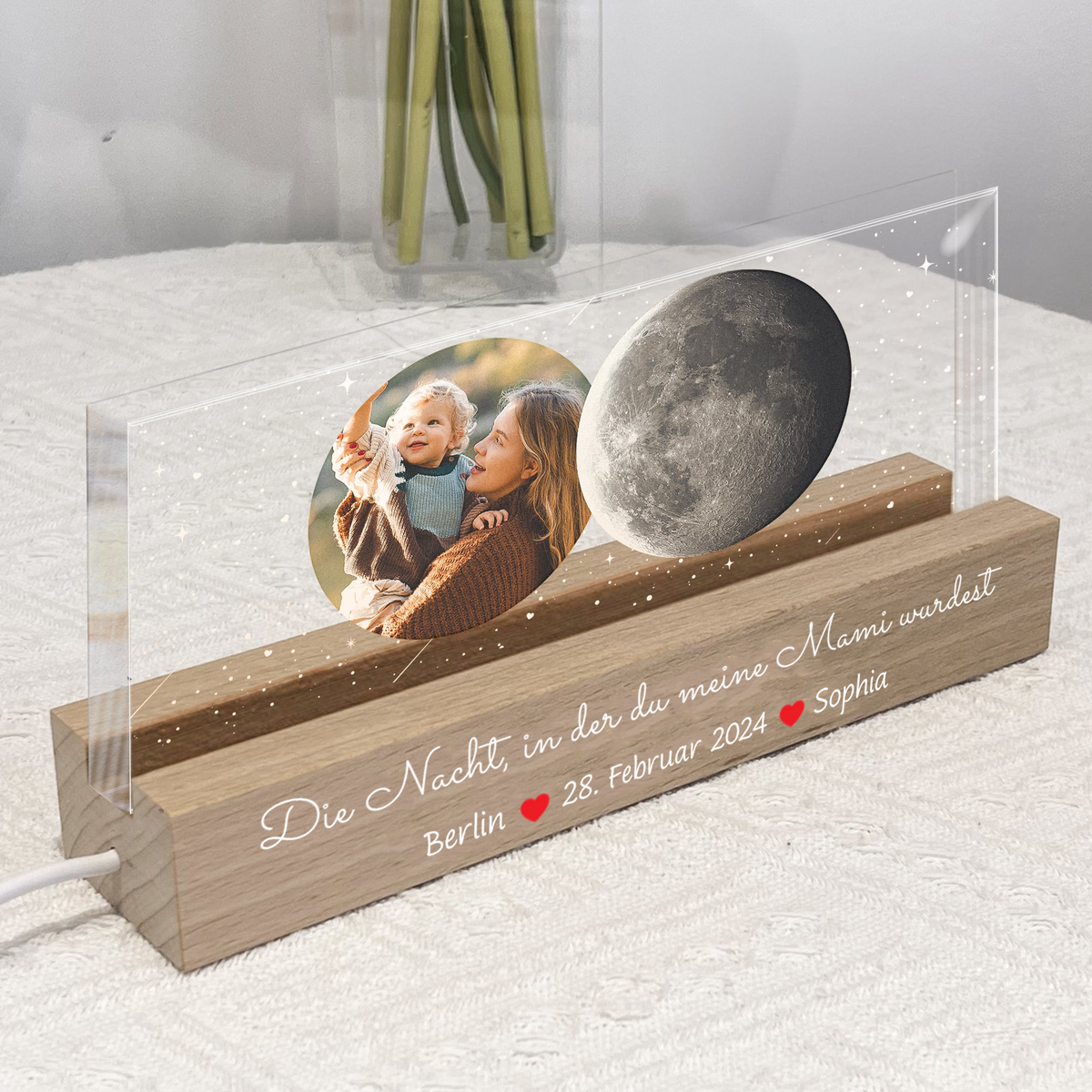 "Die Nacht..." Personalisiertes LED-Nachtlicht mit Foto und Mondphase Geschenk für Mama und Papa