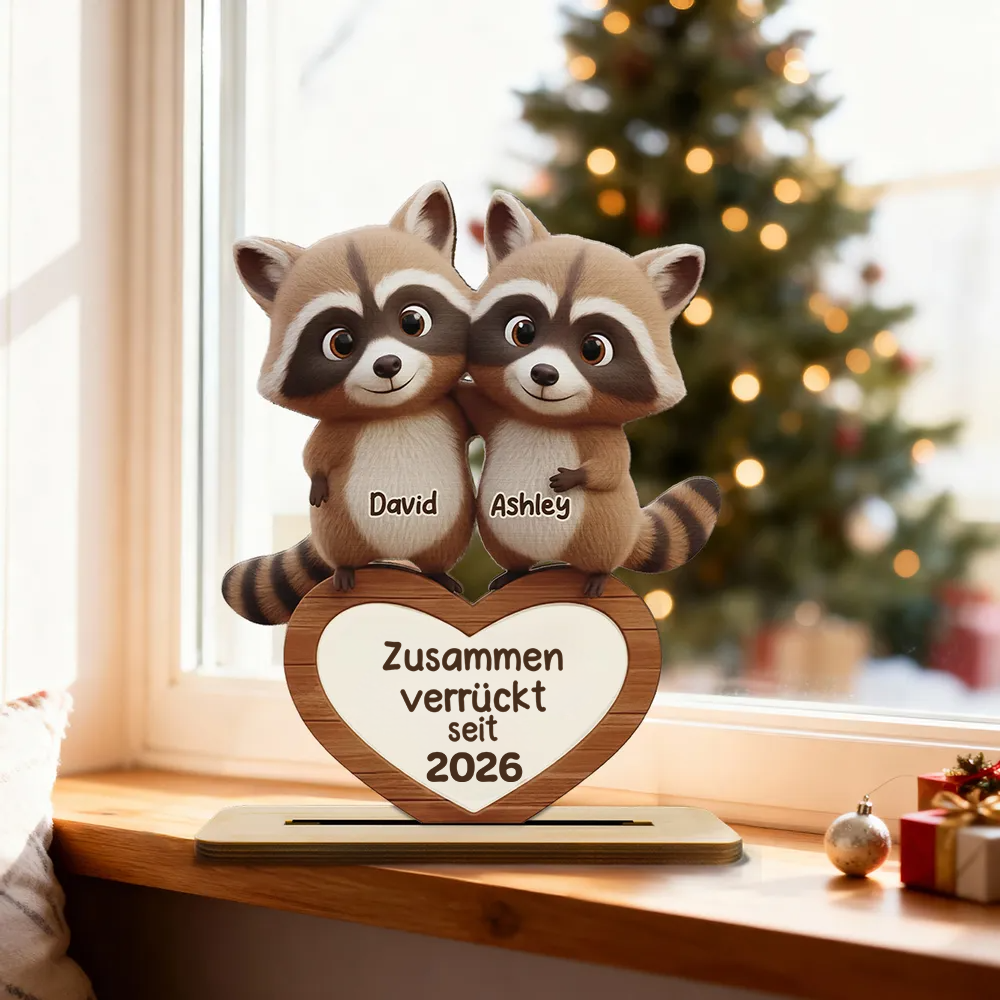 Waschbärenpaar - Personalisierter Holzaufsteller mit Namen