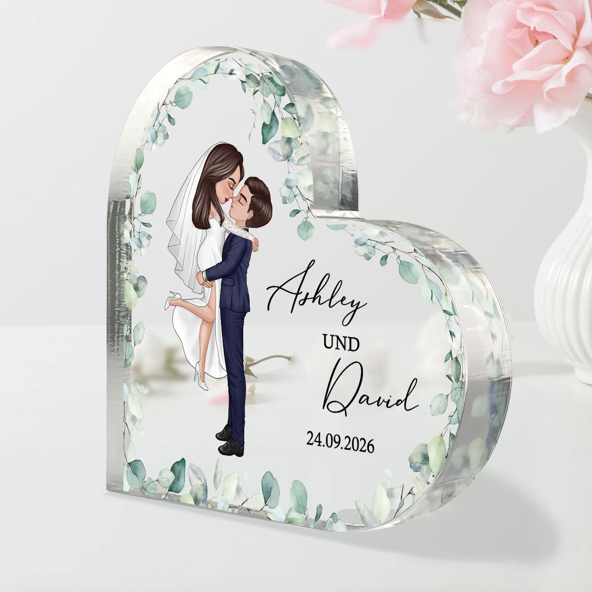 Personalisierter Acrylglas-Aufsteller mit Brautpaar und Namen