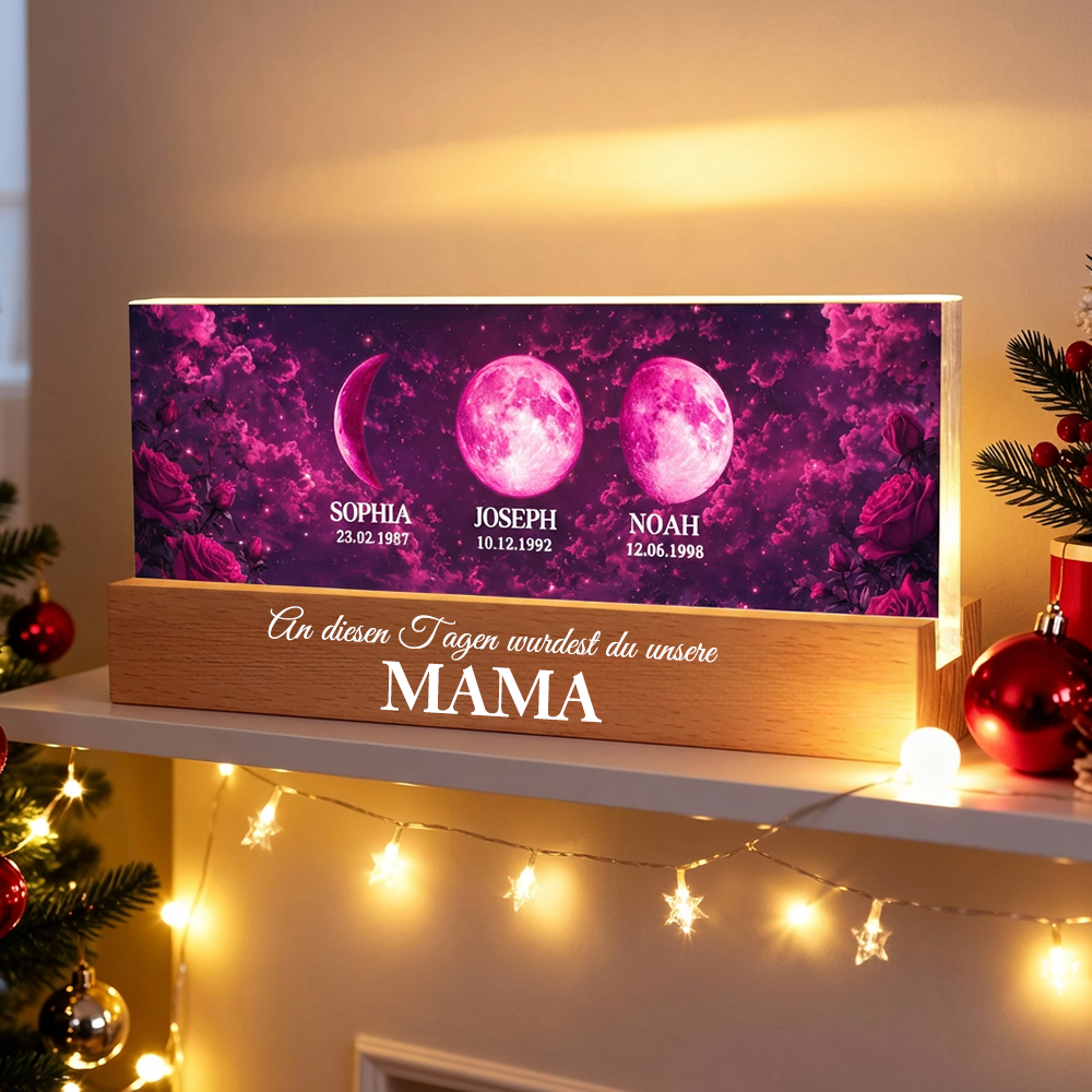 "An diesen Tagen wurdest du unsere Mama" Personalisiertes LED-Nachtlicht mit Mondphasen und Text