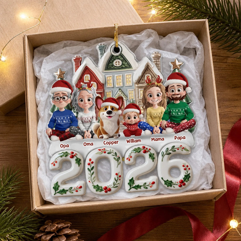 Personalisierter Acrylanhänger 2025 Christbaumschmuck mit Familie, Hund und Katze