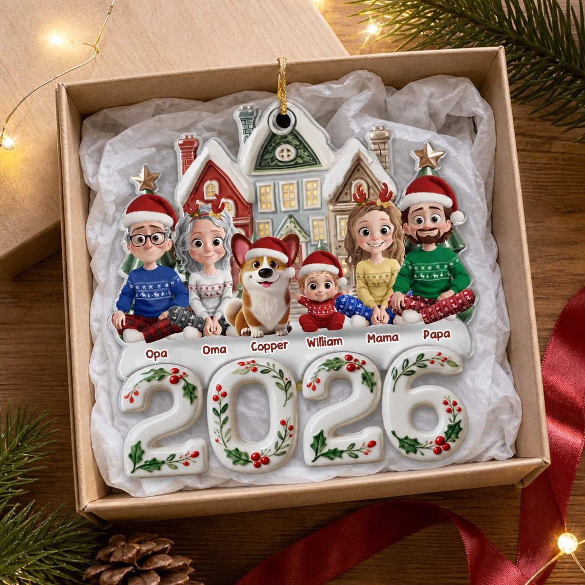 Personalisierter Acrylanhänger 2025 Christbaumschmuck mit Familie, Hund und Katze