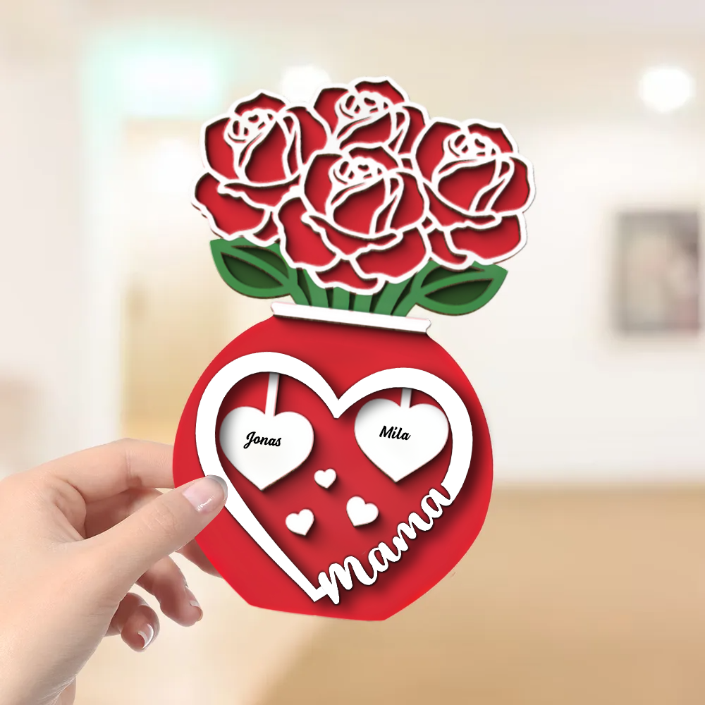 Rosenstrauß in Vase Personalisierter 2-Schicht-Holzaufsteller für Mama und Oma