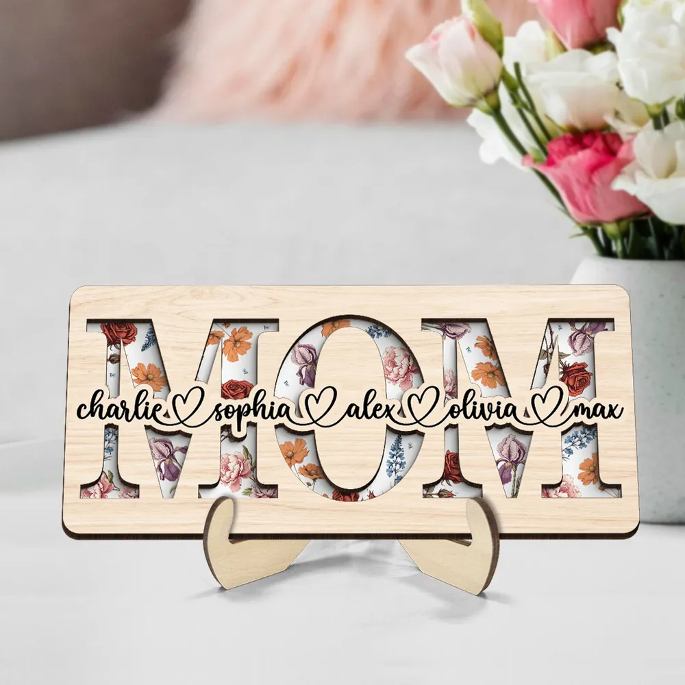 MAMA/MOM/OMA/MAMI- Personalisierter 2-lagiger Holzaufsteller mit Geburtsblumen und Namen