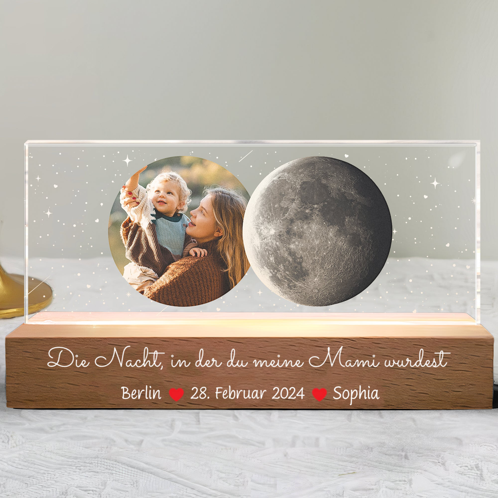 "Die Nacht..." Personalisiertes LED-Nachtlicht mit Foto und Mondphase Geschenk für Mama und Papa