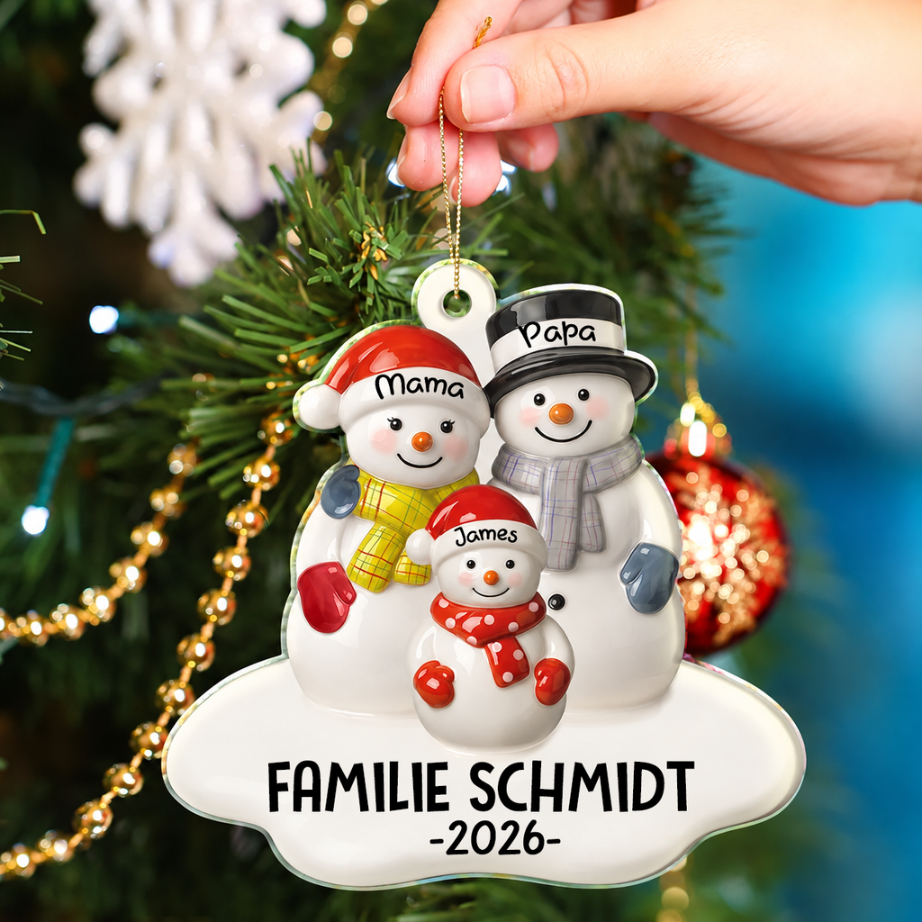 Personalisierter Acryl-Weihnachtsanhänger mit Namen – Schneemannfamilie