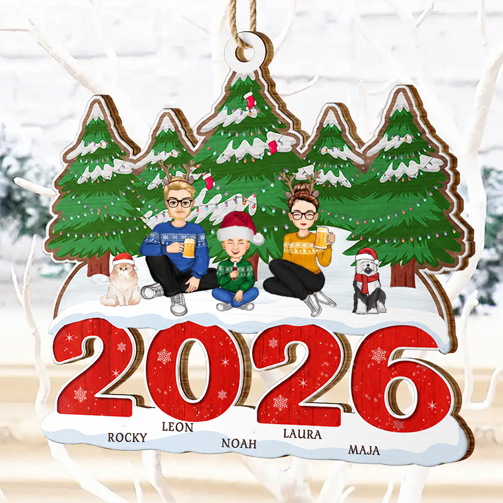 Personalisierter Holzanhänger Familie 2025 Christbaumschmuck mit Hund und Katze