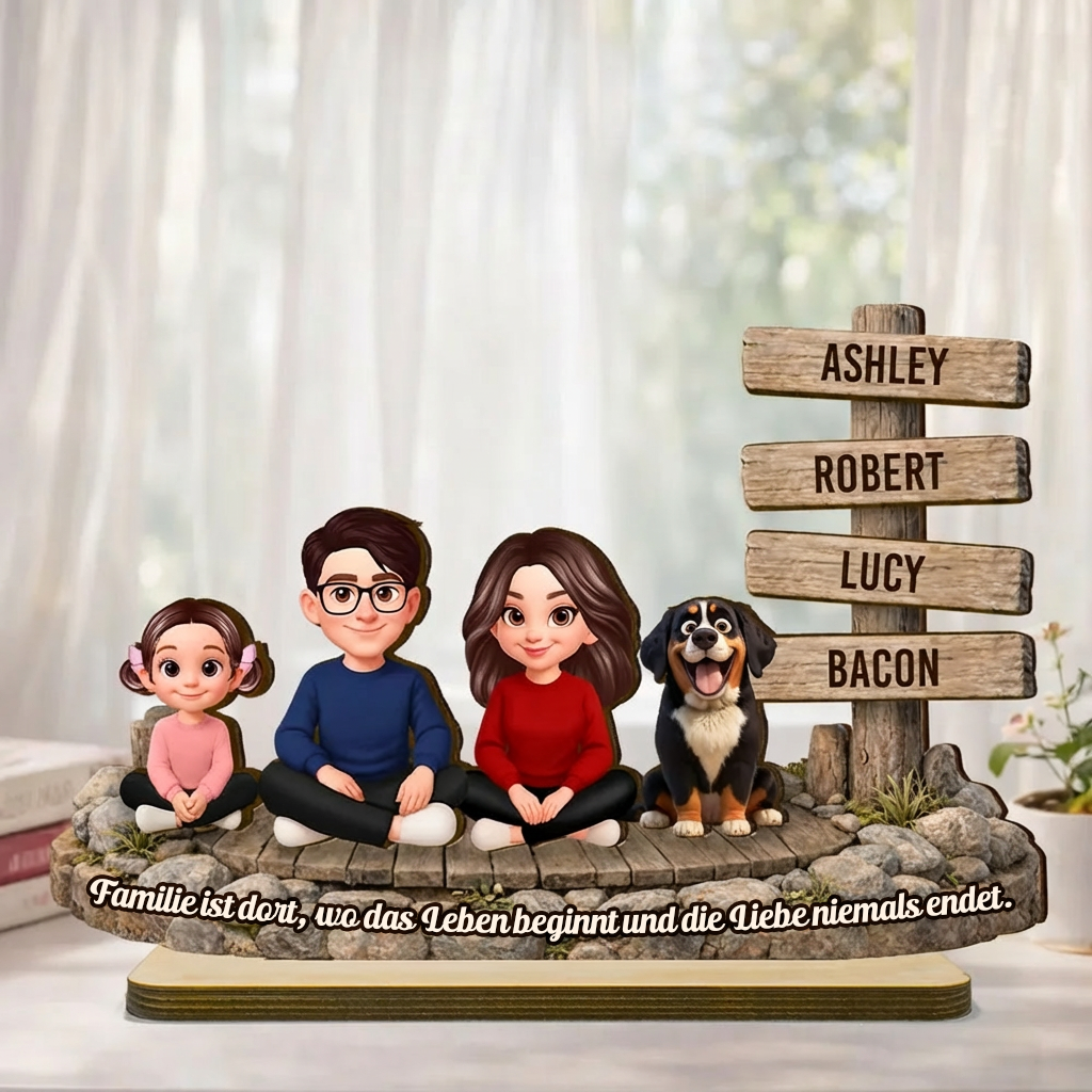 Personalisierter Holzaufsteller mit Familie, Hund und Katze
