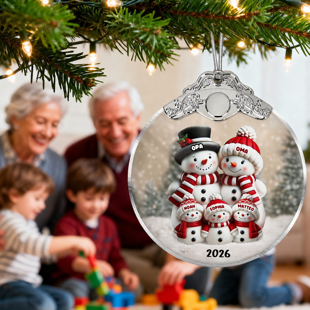 Personalisierter Glas-Weihnachtsanhänger – Schneemannfamilie