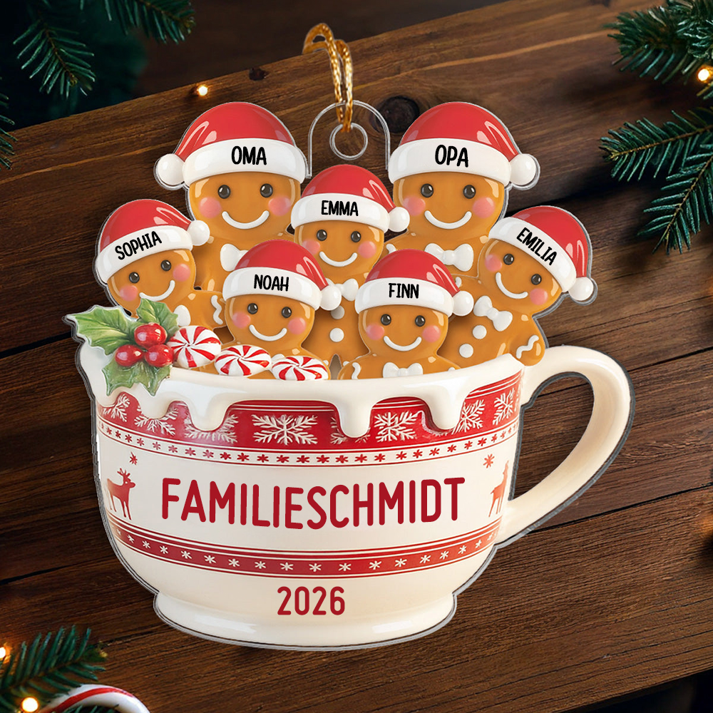 Personalisierter Acryl-Weihnachtsanhänger – Lebkuchenfamilie mit Namen