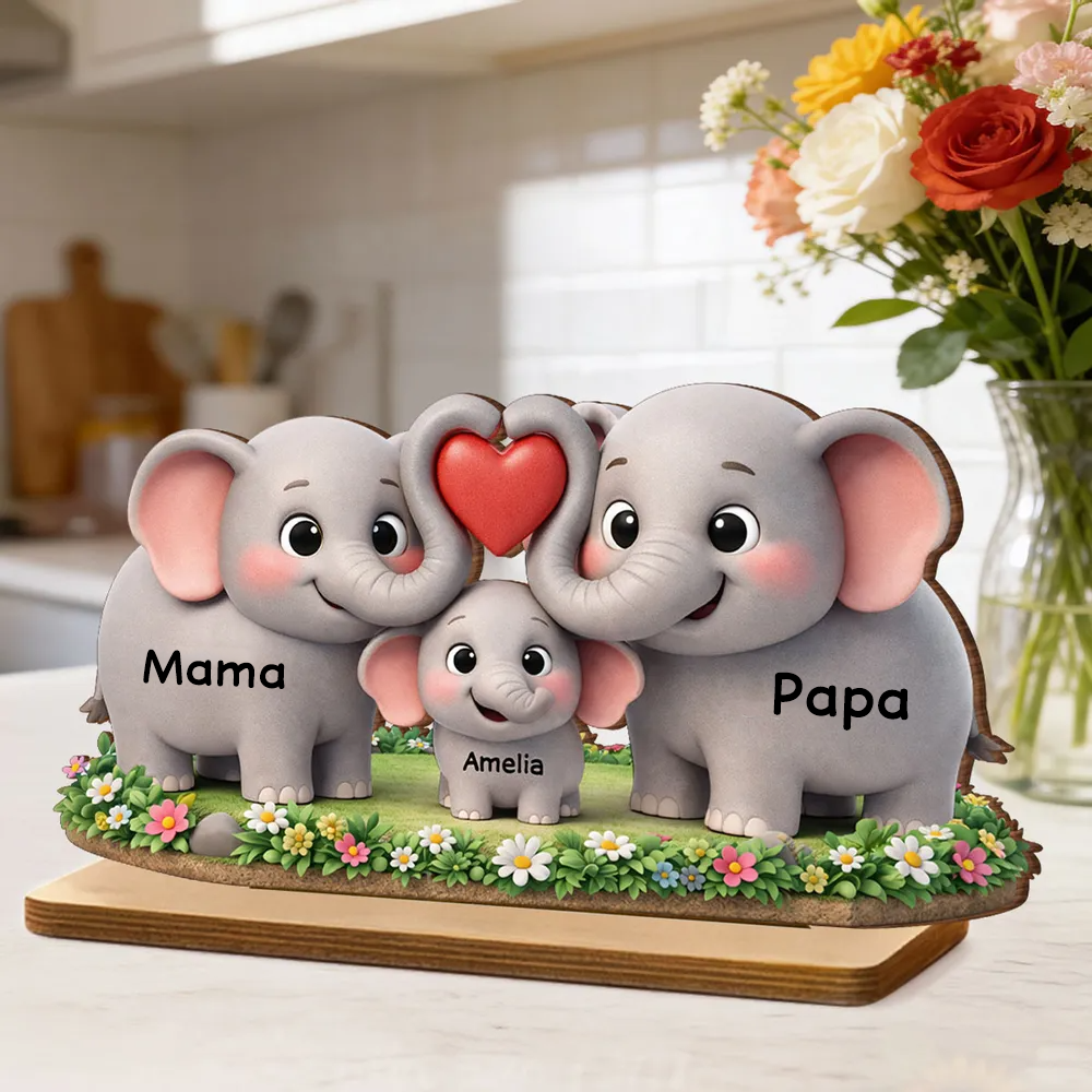 Elefantenfamilie-Personalisierter Holzaufsteller mit Namen Geschenk für Mama und Papa