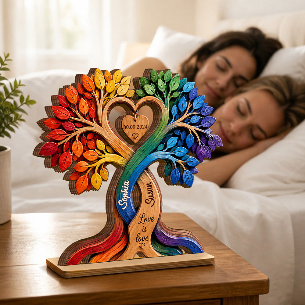 Regenbogen Herzbaum mit Namen und Jahrestag Personalisierter Holzaufsteller für Paar