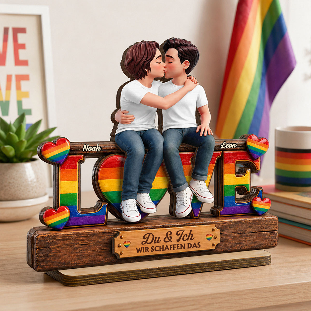 LOVE-Holzaufsteller mit Regenbogenmotiv Personalisiertes Geschenk für LGBT Paar