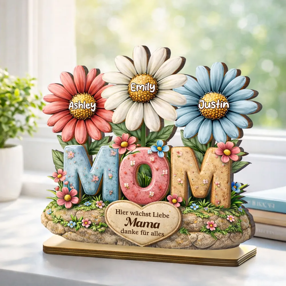 MOM-Personalisierter Holzaufsteller mit Blumen Geschenk für Mama und Oma