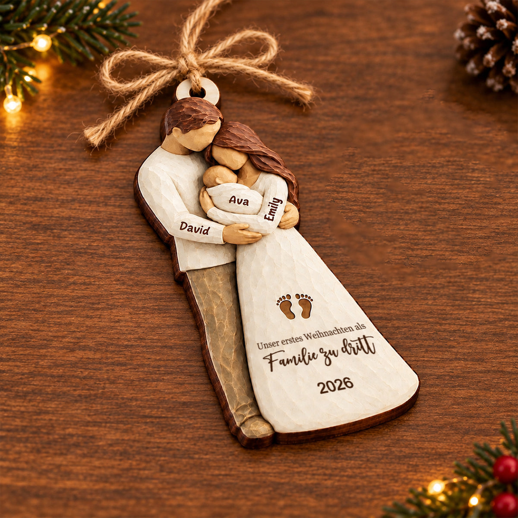 Personalisierter Holz-Weihnachtsanhänger mit Namen – Eltern mit Baby