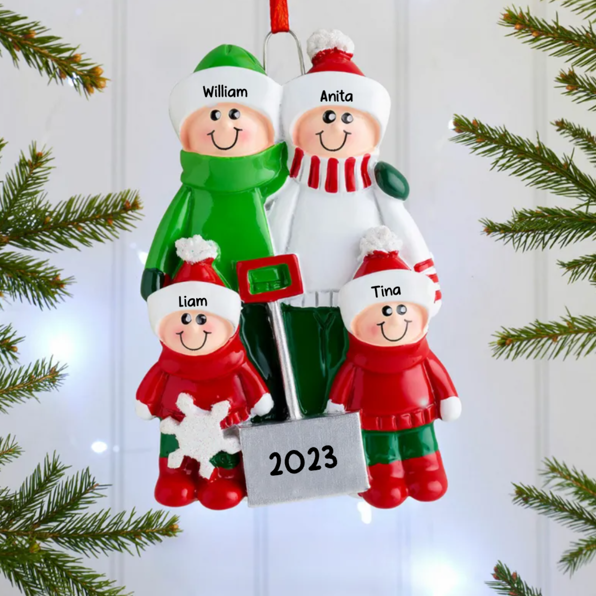 Weihnachtsschmuck Familie Schneeschaufeln mit 2-8 Namen Acrylglasscheibe