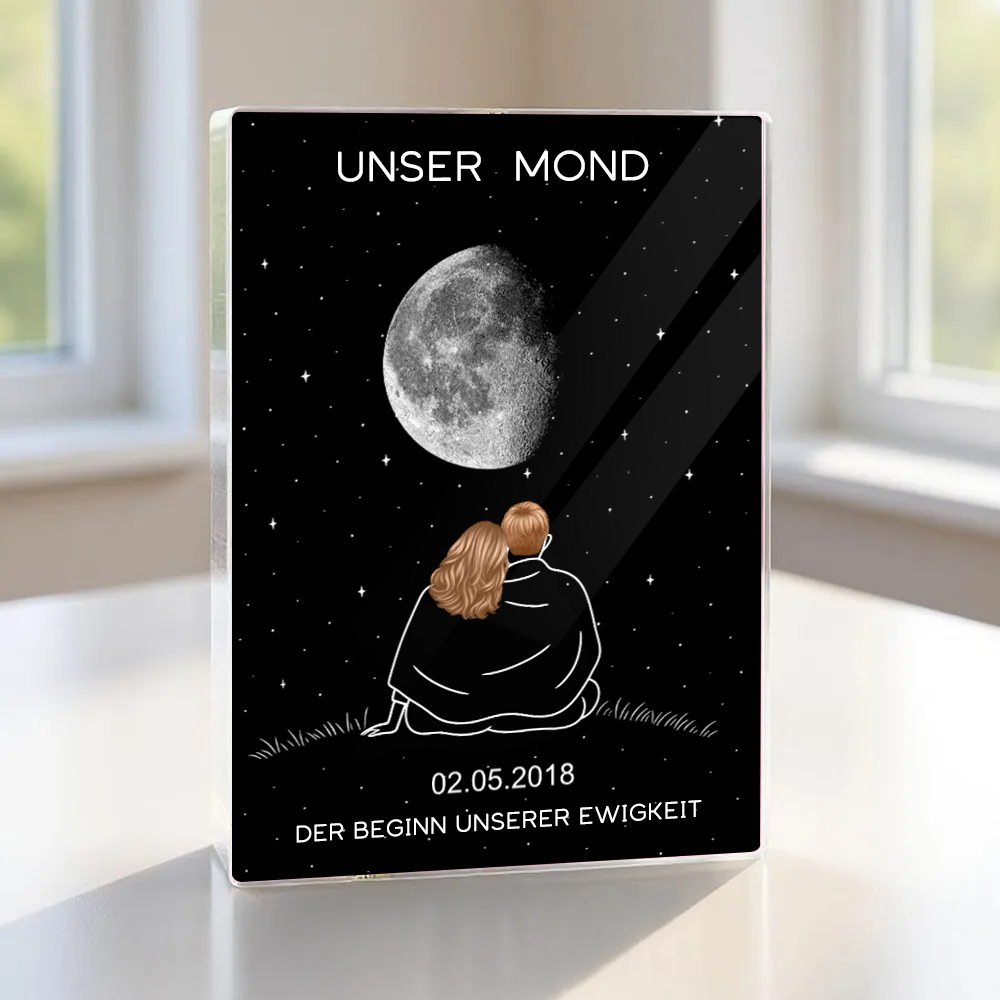 Paar unter dem Mond-Personaliserter Acrylbock mit Mondphase und Namen, Geschenk für Paar
