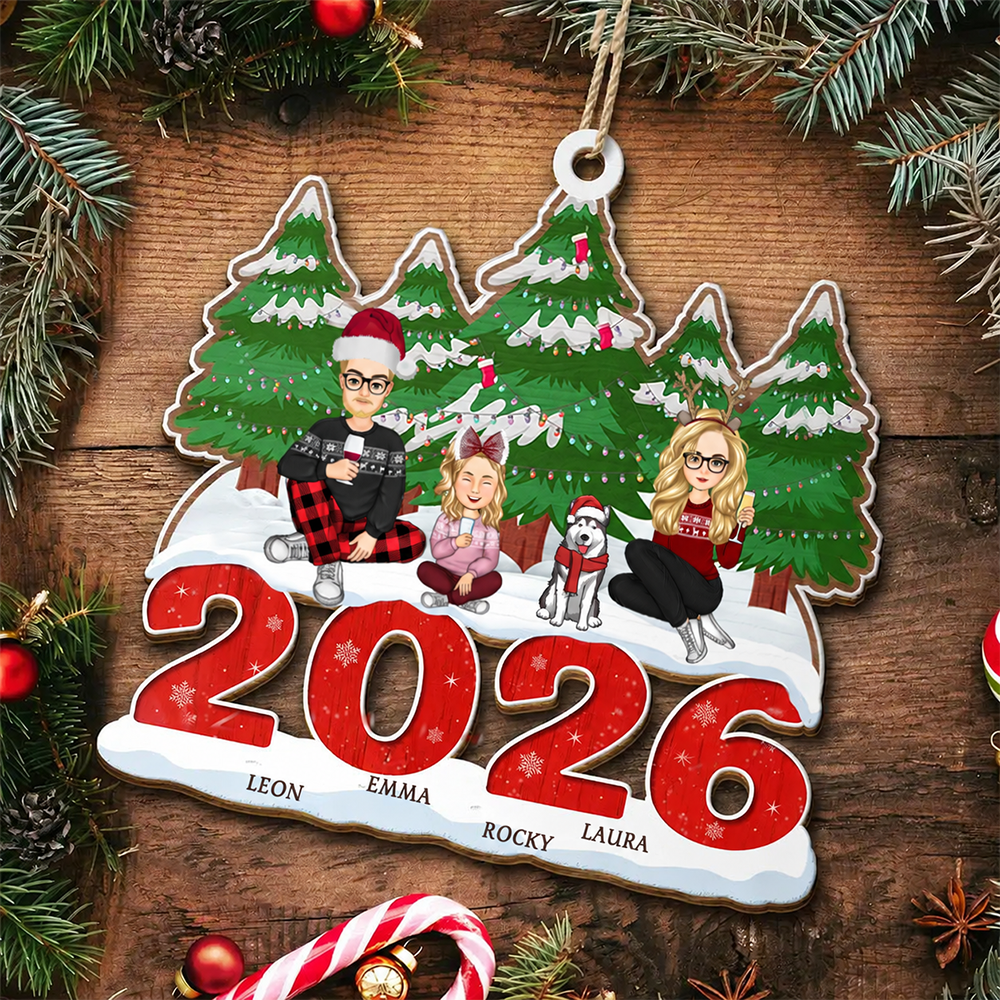 Personalisierter Holzanhänger Familie 2025 Christbaumschmuck mit Hund und Katze