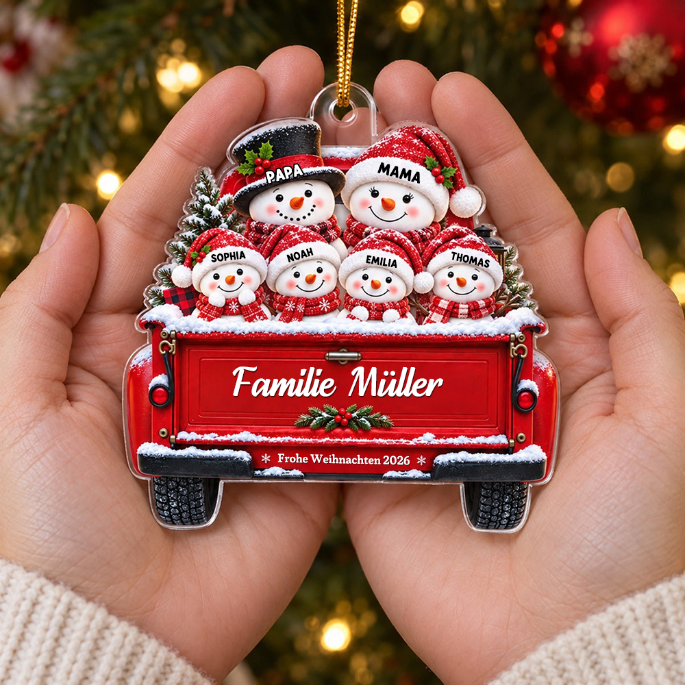 Personalisierter Acryl-Weihnachtsanhänger – Schneemannfamilie mit Namen