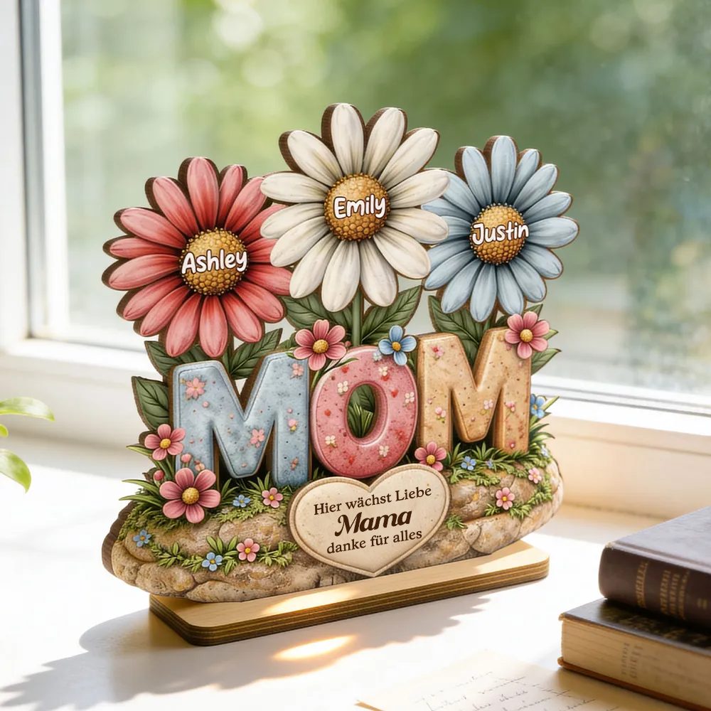 MOM-Personalisierter Holzaufsteller mit Blumen Geschenk für Mama und Oma