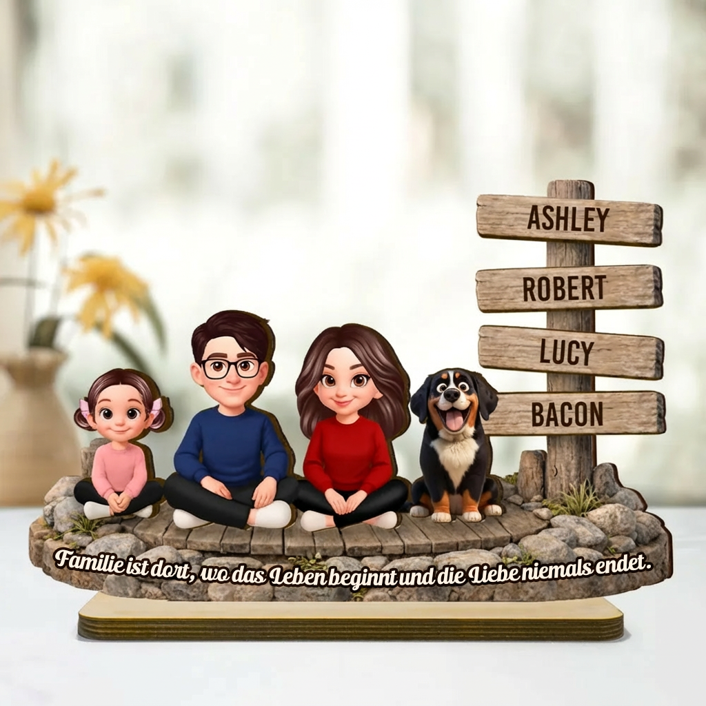 Personalisierter Holzaufsteller mit Familie, Hund und Katze