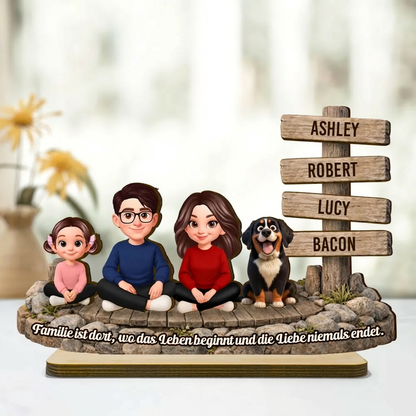 Personalisierter Holzaufsteller mit Familie, Hund und Katze