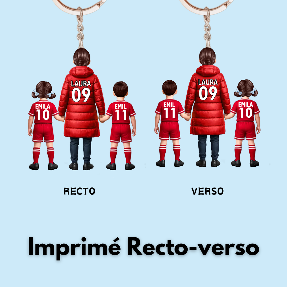 Fußballmama und Kinder- Acrylschlüsselanhänger mit Trikots und Namen