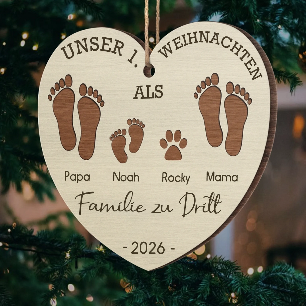 Erstes Weihnachten als Familie zu ... – Personalisiertes Holz-Fußabdruck-Ornament