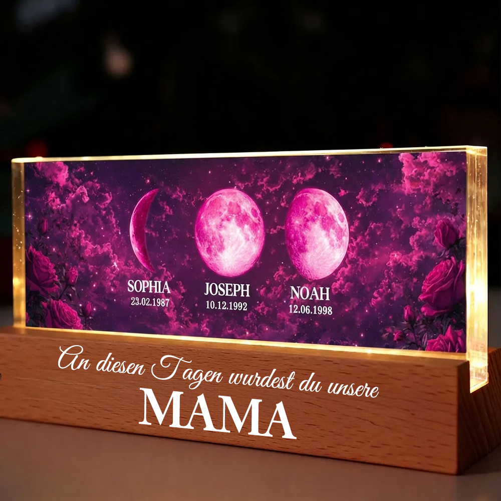 "An diesen Tagen wurdest du unsere Mama" Personalisiertes LED-Nachtlicht mit Mondphasen und Text