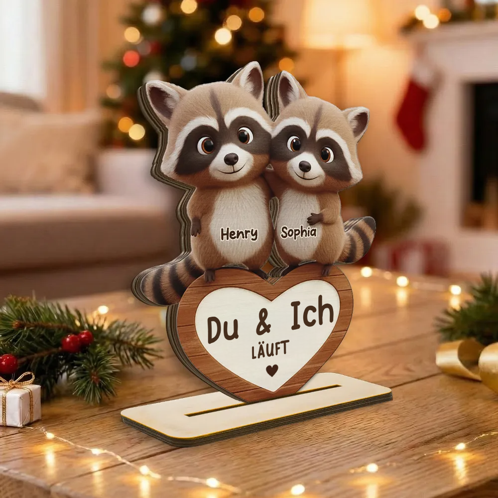 Waschbärenpaar - Personalisierter Holzaufsteller mit Namen