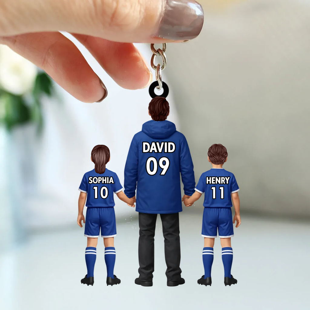 Papas Fußballteam- Personalisierter Acrylschlüsselanhänger mit Mann und Kinder