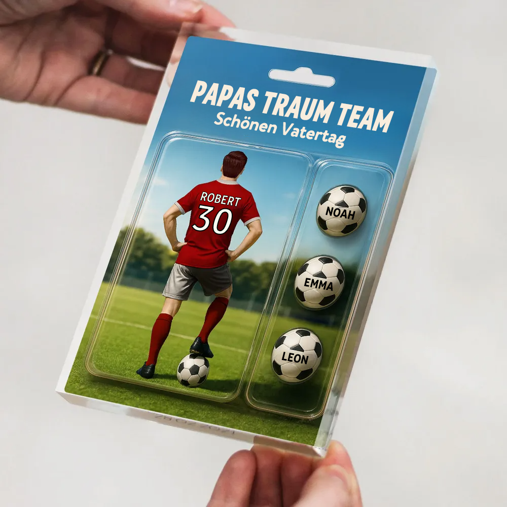 „Papas Traum Team!“ – Personalisierte Fußball-Acrylplatte für Papa