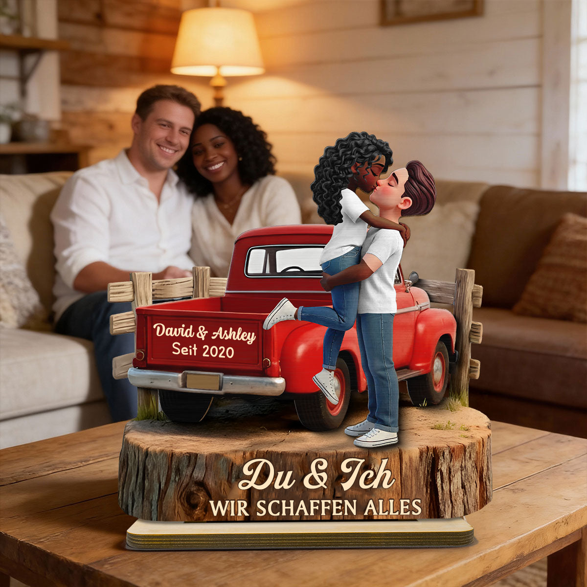 Pick-up-LKW und Paar Personalisierter Holzaufsteller mit Spruch