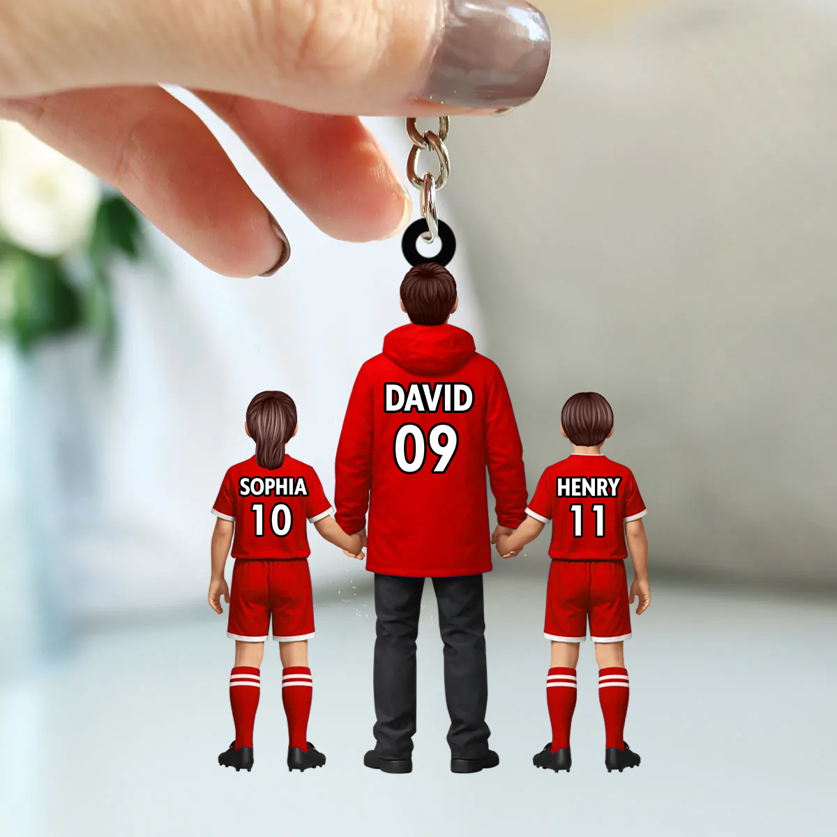 Papas Fußballteam- Personalisierter Acrylschlüsselanhänger mit Mann und Kinder