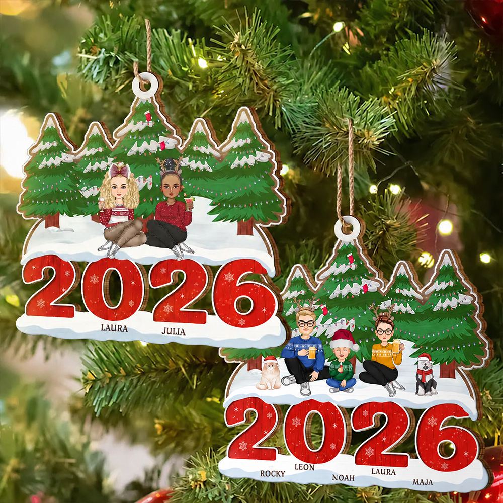 Personalisierter Holzanhänger Familie 2025 Christbaumschmuck mit Hund und Katze