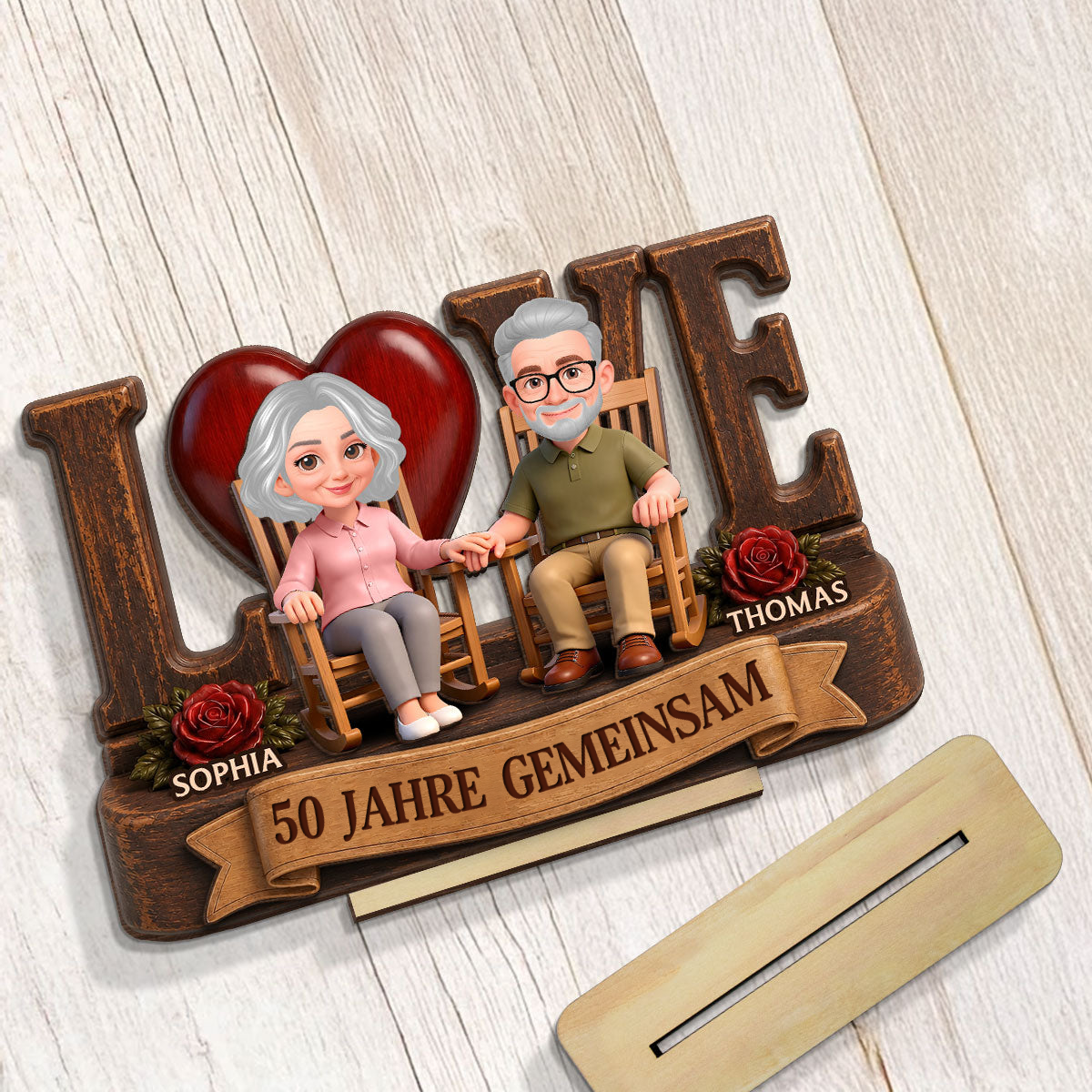 Personalisierter Holzaufsteller für Paare mit LOVE-Motiv und Wunschjahr Geschenk zum Jahrestag