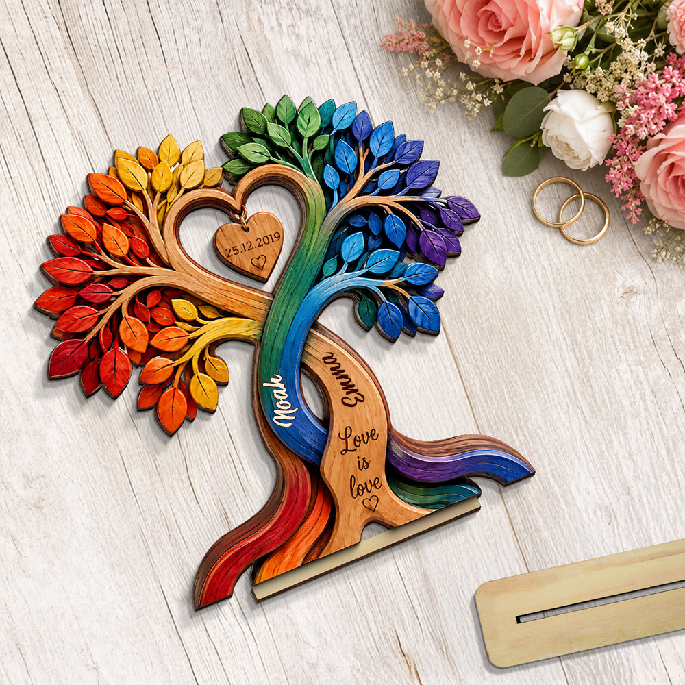 Regenbogen Herzbaum mit Namen und Jahrestag Personalisierter Holzaufsteller für Paar
