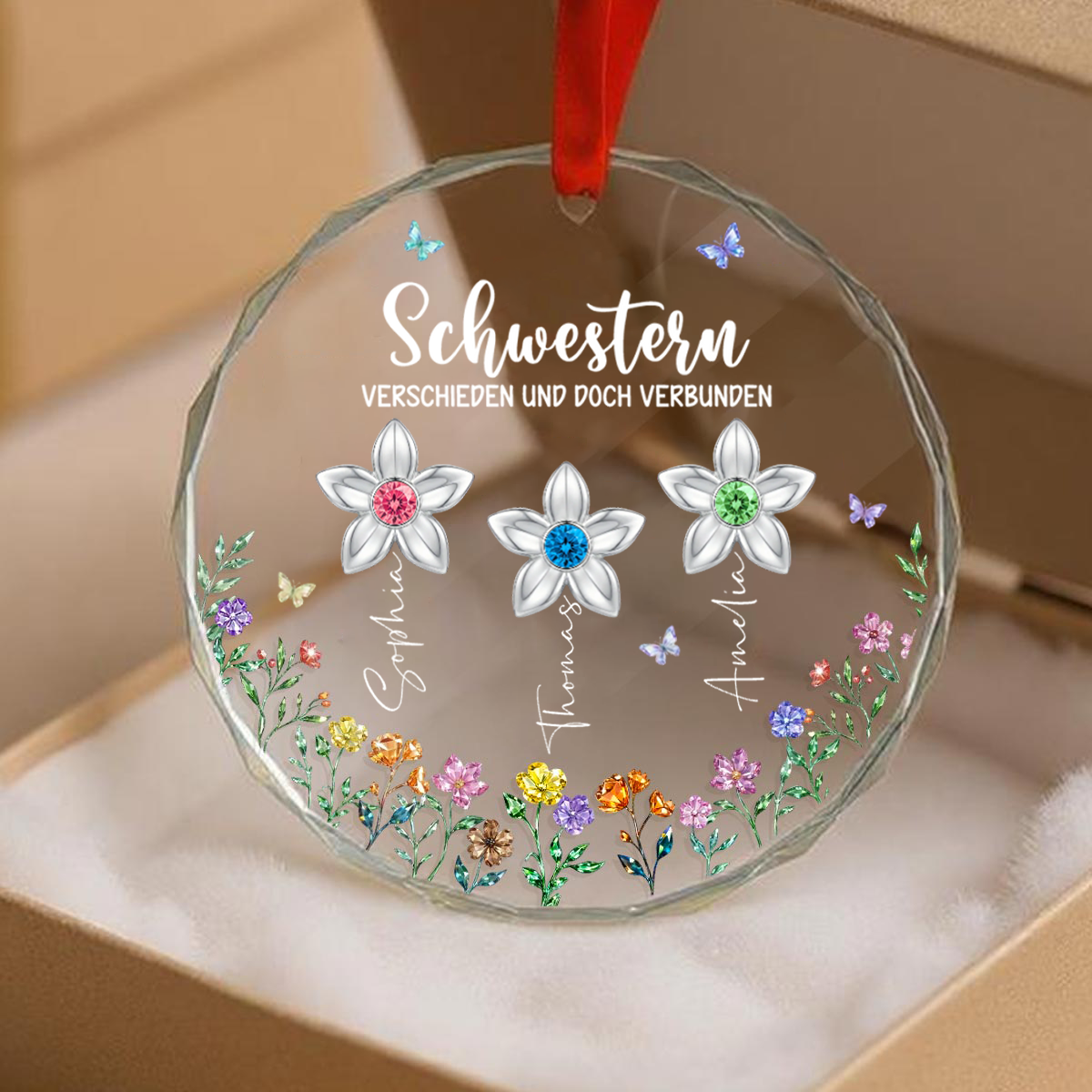 Personalisierter Glas-Weihnachtsanhänger mit Blumen – für Schwester, Freunde, Oma & Mama