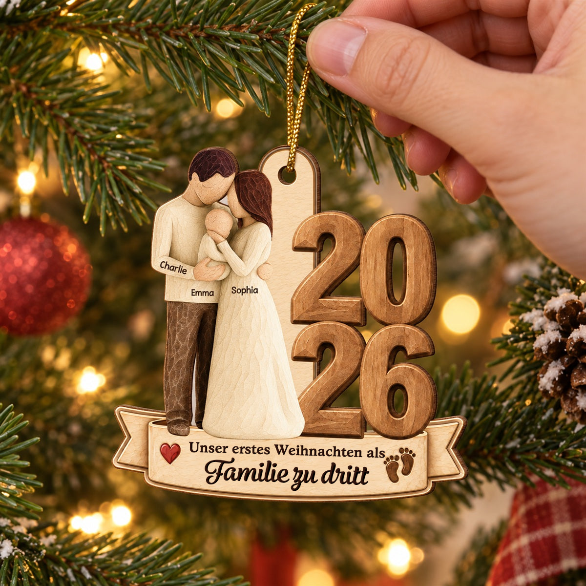 Personalisierter Holz-Weihnachtsanhänger mit Namen und Wunschjahr – Eltern mit Baby