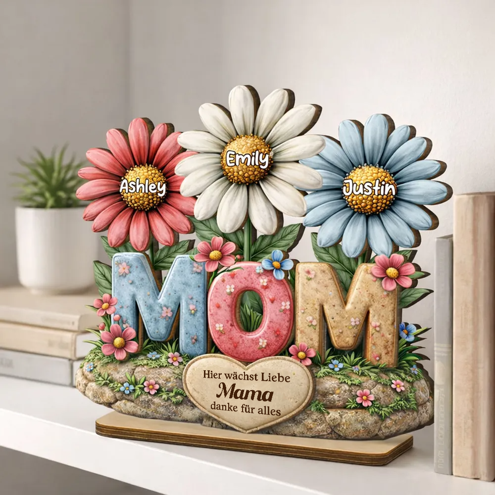 MOM-Personalisierter Holzaufsteller mit Blumen Geschenk für Mama und Oma