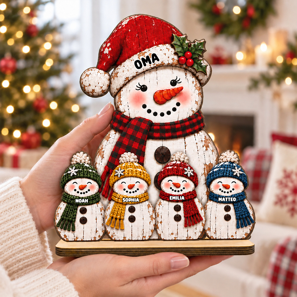 Personalisierter Holzaufsteller für Oma – Schneemann-Motiv