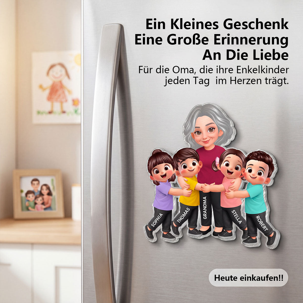 "Oma und Enkelkinder" Acryl-Kühlschrankmagnet mit Figuren und Namen