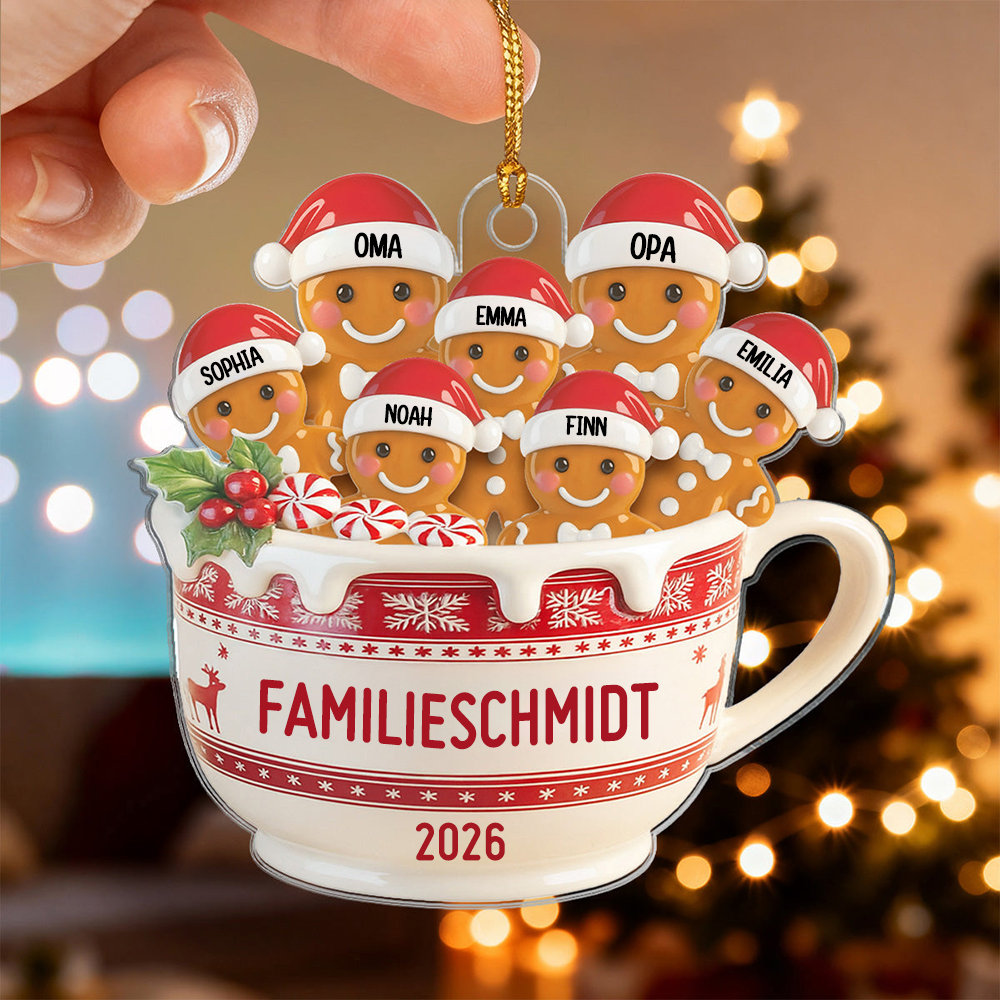 Personalisierter Acryl-Weihnachtsanhänger – Lebkuchenfamilie mit Namen