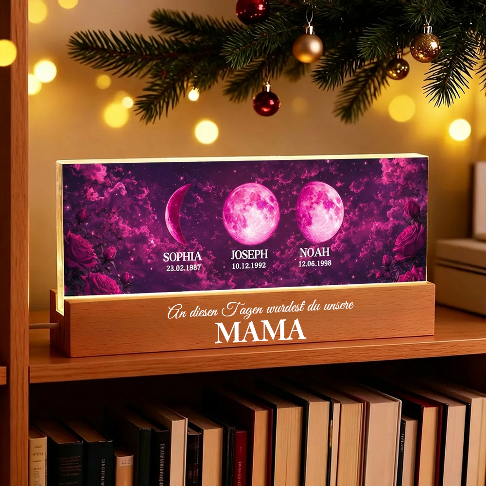 "An diesen Tagen wurdest du unsere Mama" Personalisiertes LED-Nachtlicht mit Mondphasen und Text