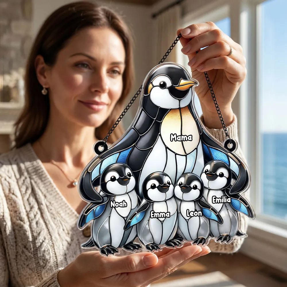 Pinguinmama/-oma mit Kindern-Sonnenfänger Ornament mit Namen
