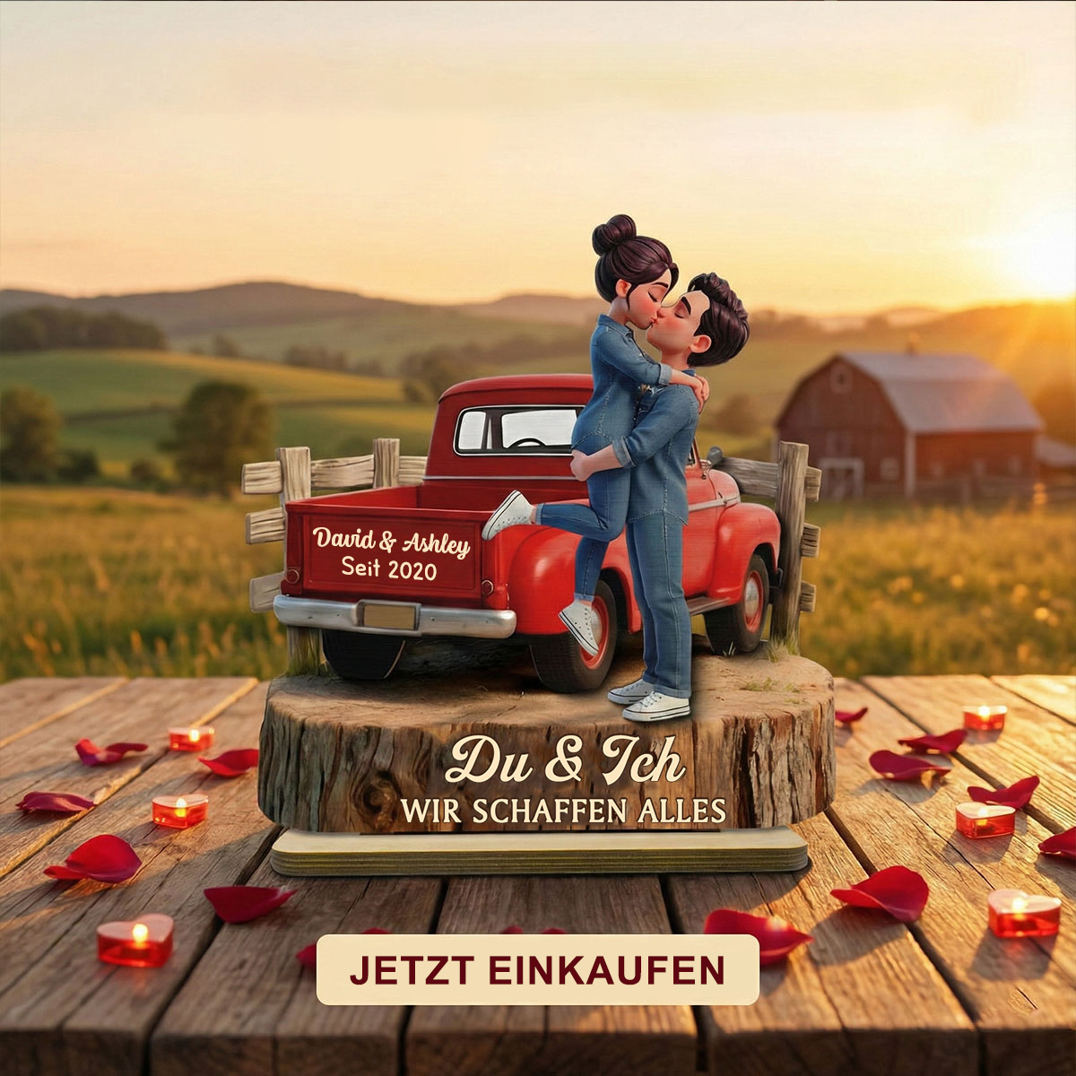 Pick-up-LKW und Paar Personalisierter Holzaufsteller mit Spruch